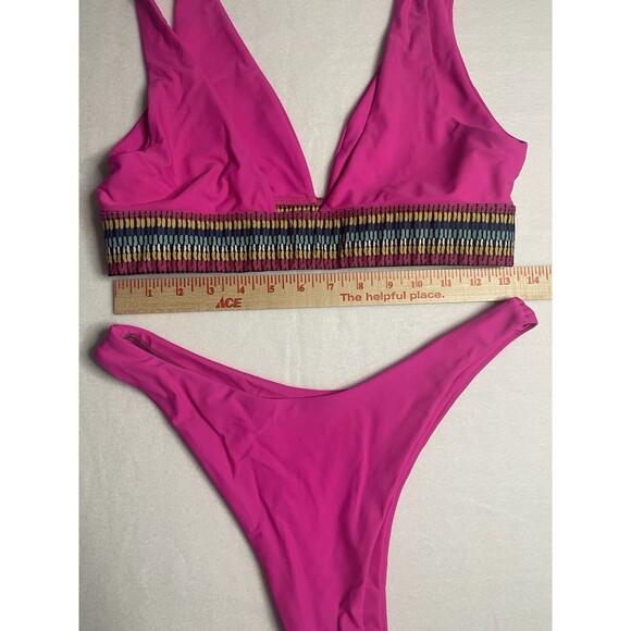 Vibrant Pink Bikini Set with Patterned Waistband Size Large - Picture 6 of 6
